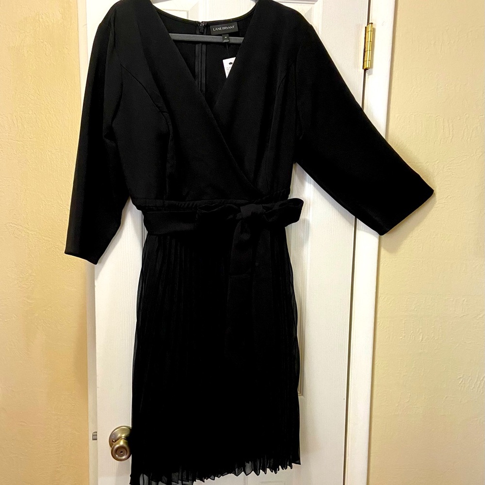 Lane Bryant black dress with 3/4 sleeves, pleated skirt, fabric belt.